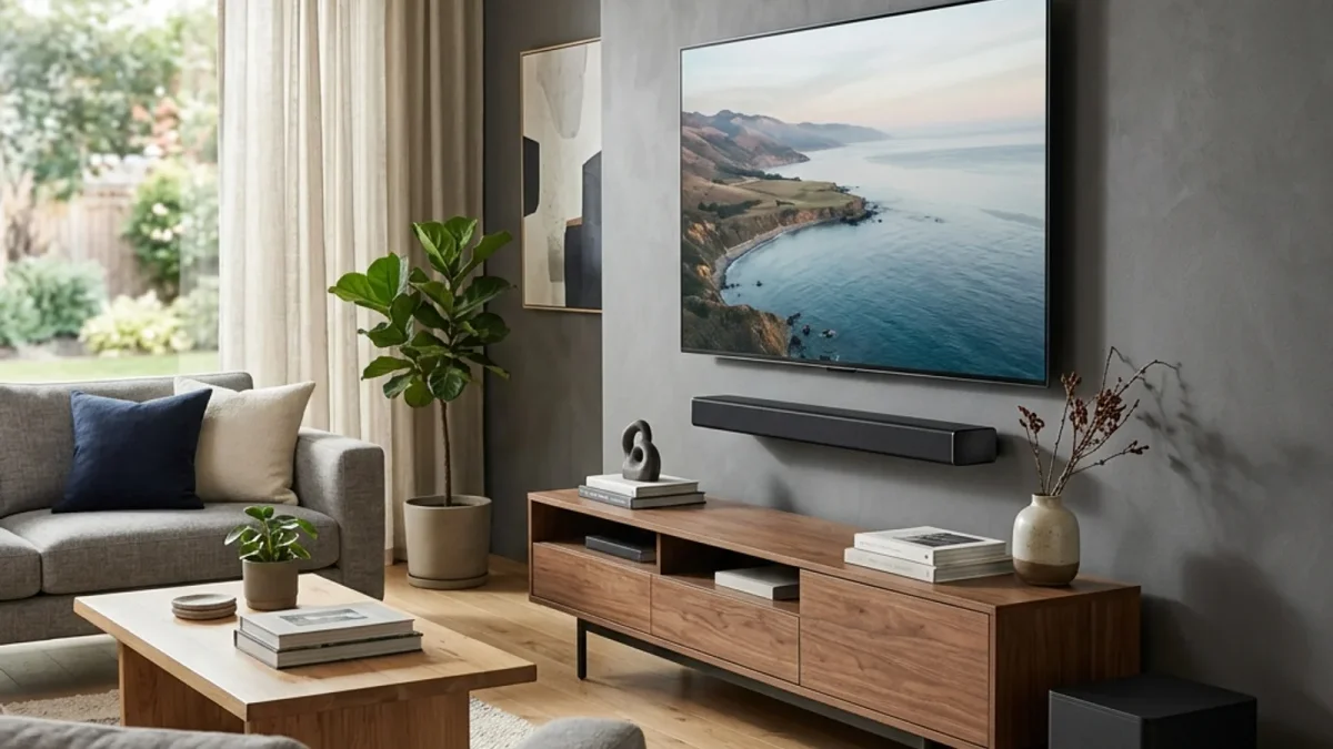Soundbar moderna posicionada sobre um rack elegante embaixo de uma TV de tela plana com um subwoofer sem fio ao lado