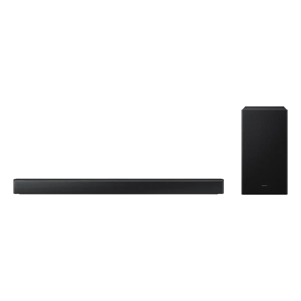 Soundbar Samsung HW-B650F e subwoofer sem fio em foto oficial de produto