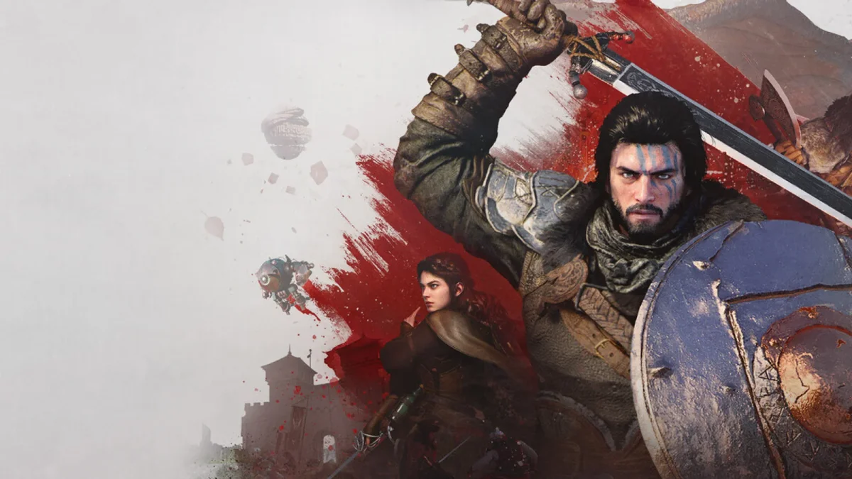 Key art promocional de Crimson Desert com o guerreiro protagonista