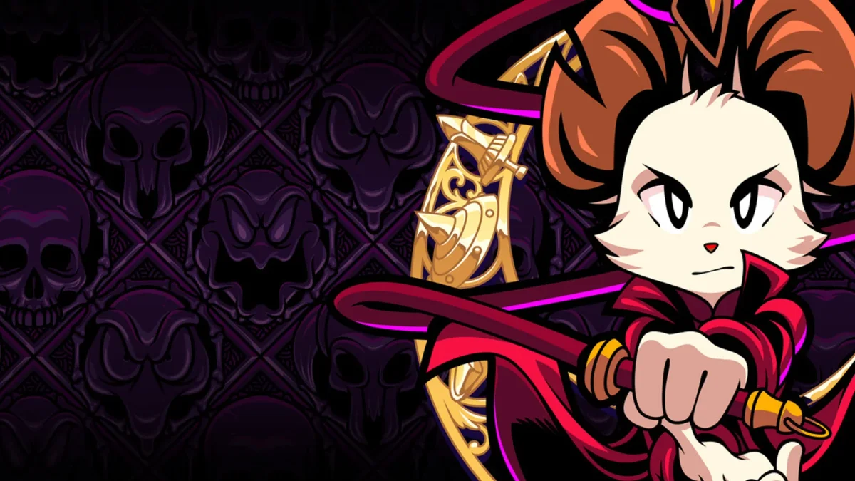 Key art oficial de Mina the Hollower exibindo a protagonista Mina com seu chicote em estilo pixel art gótico retrô