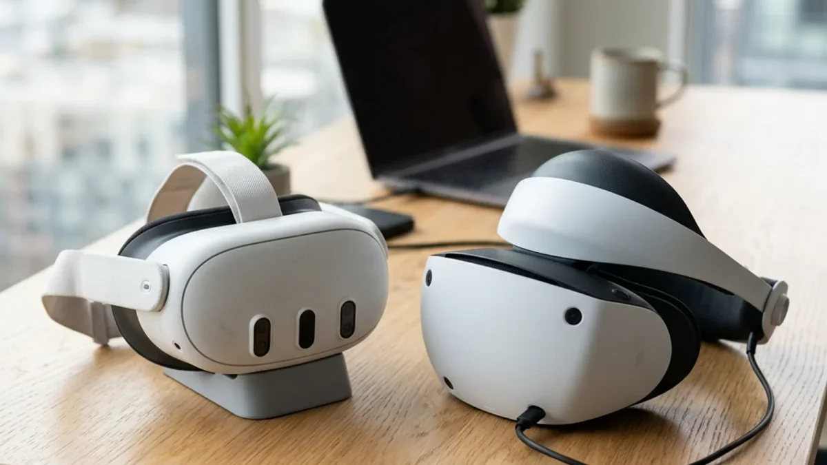 Headset Meta Quest 3 e headset PlayStation VR2 exibidos lado a lado sobre uma mesa de trabalho limpa