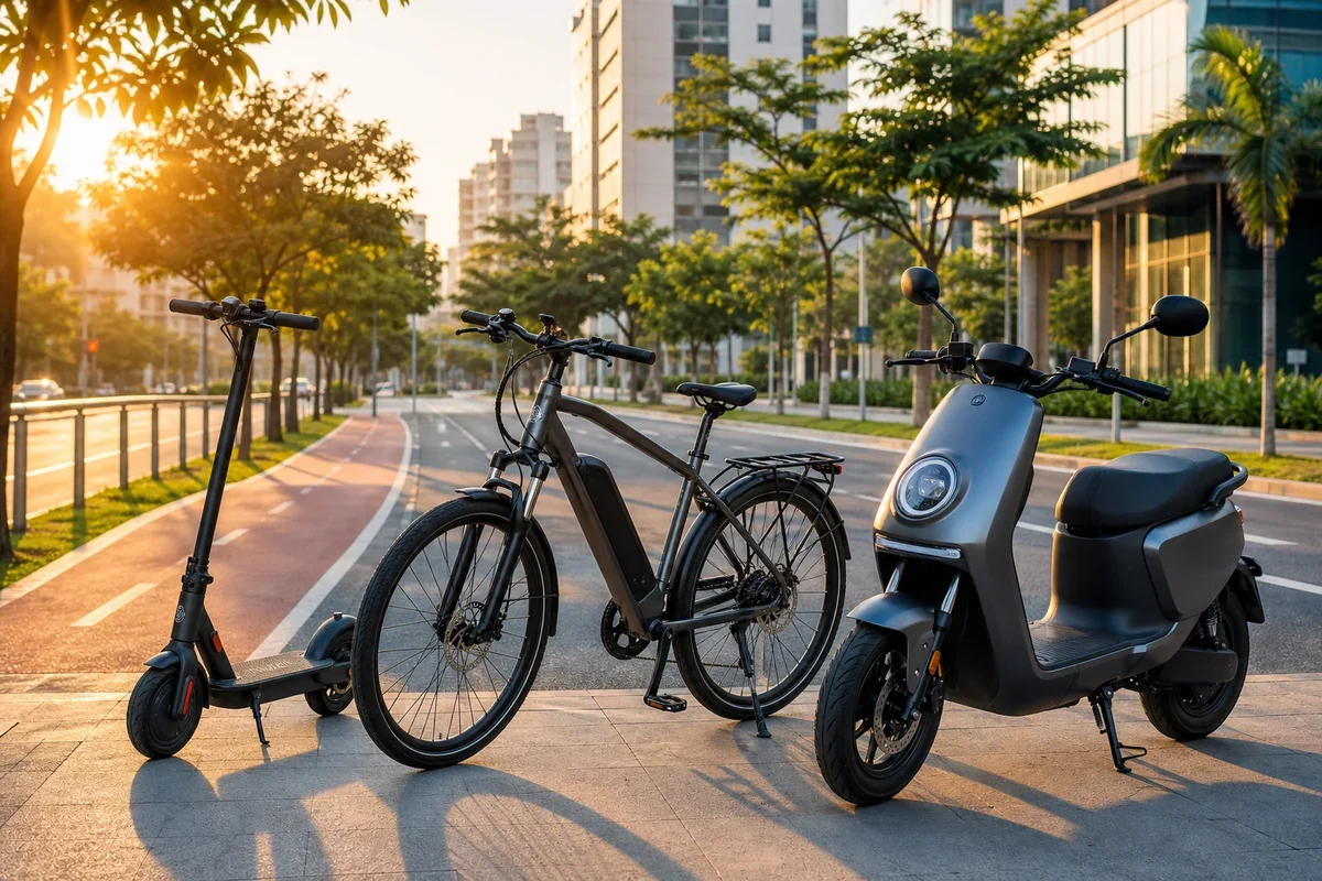Patinete, bicicleta elétrica e scooter em uma ciclovia urbana