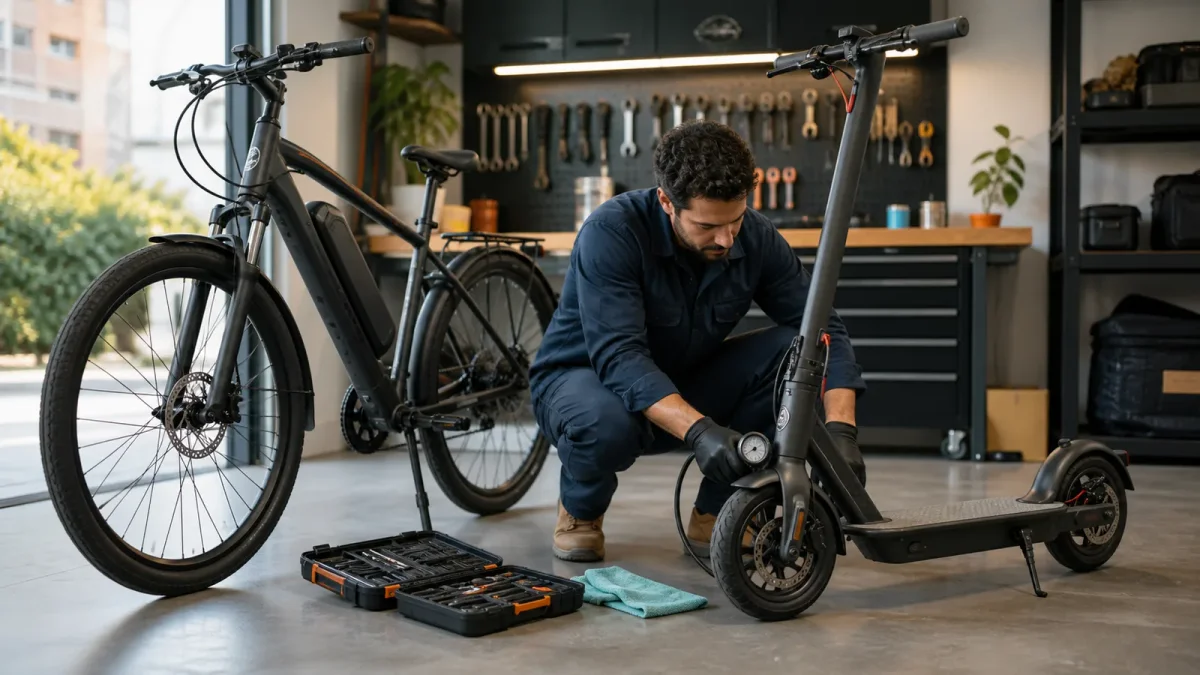 Mecânico verificando o pneu de um patinete elétrico ao lado de uma e-bike